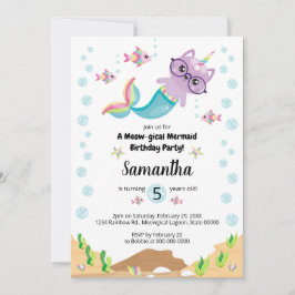 Cat Unicorn-Sjöjungfrun under Sea Födelsedagsfest Inbjudningar