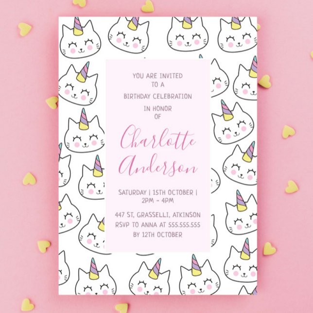 Cat Unicorn Teal Rosa Födelsedagsfest Mönster Inbjudningar (Skapare uppladdad)