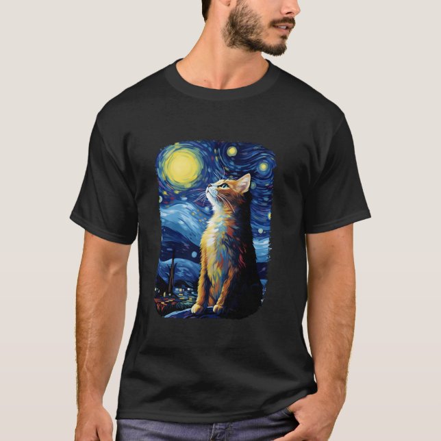 Cat Van Gogh Starry Night Stil Art Cute Cat Paint T Shirt (Framsida)