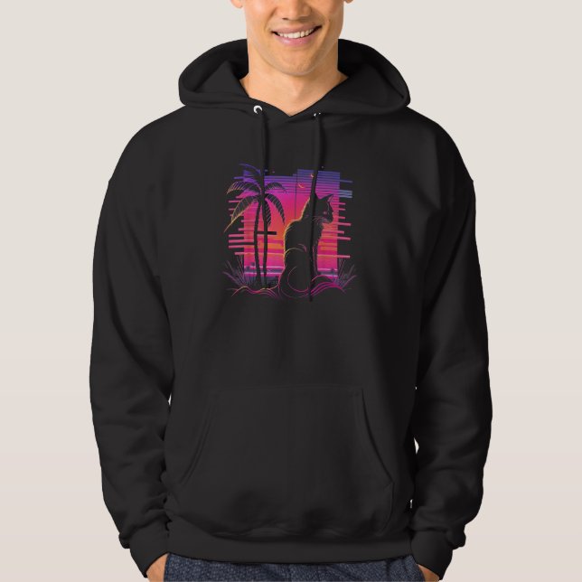 Cat Vaporwave Retrowave Aesthetic Synthwave 80s Pa Hoodie (Framsida)