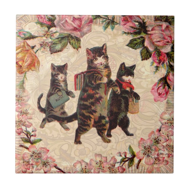 Cat Vintage Söt Antique Kittens Kakelplatta (Framsidan)