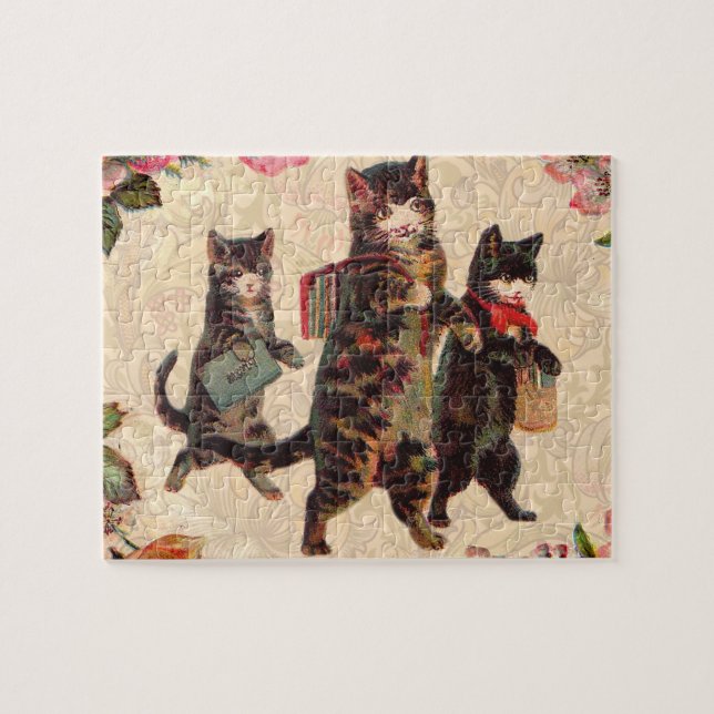 Cat Vintage Söt Antique Kittens Pussel (Horisontell)