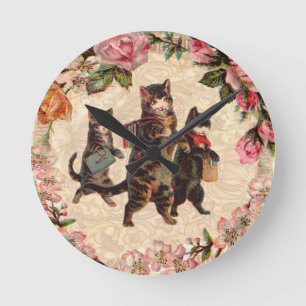 Cat Vintage Söt Antique Kittens Rund Klocka
