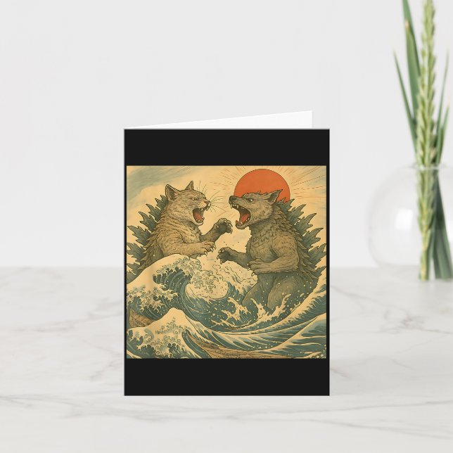 Cat Vs Dog Kaiju Monster Japanese Ukiyo-e Style Me Kort (Framsida)
