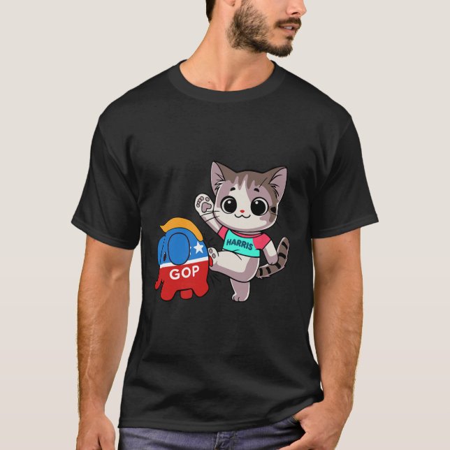 Cat Vs. Gop Elephant - Kamala Harris - Anti Trump T Shirt (Framsida)