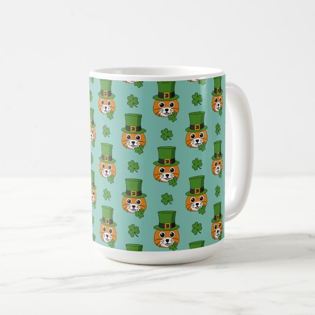 Cat w Grönt Hat och Shamrock St Patrick's Mönster Kaffemugg (Framsida höger)