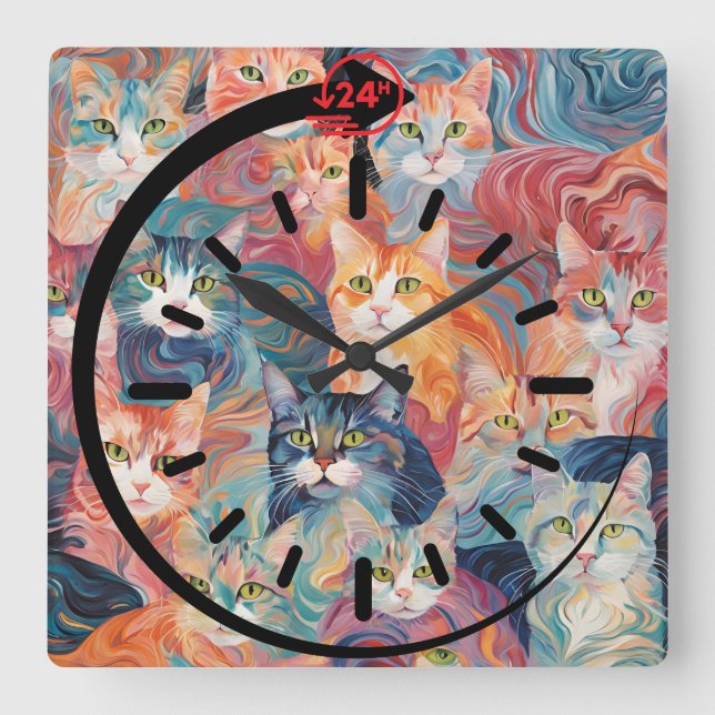 Cat Wall Clock Fyrkantig Klocka (Framsida)