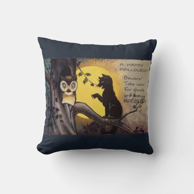 Cat Warning Uggla Vintage Halloween Pillow Kudde (Framsida)
