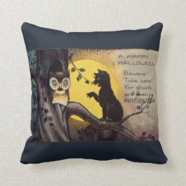 Cat Warning Uggla Vintage Halloween Pillow Kudde