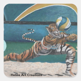 Cat Warrior Beach Volleyball Fantasy Art Stickers Fyrkantigt Klistermärke