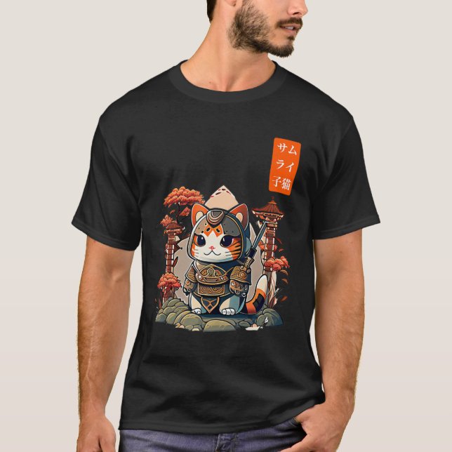 Cat Warrior japansk Writing Anime Art for kawaii T Shirt (Framsida)