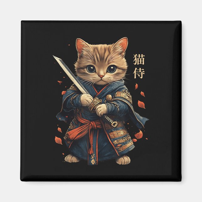 Cat Warrior Japanska Samurai Cat Tattoo Kawaii Nin Magnet (Framsidan)