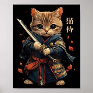 Cat Warrior Japanska Samurai Cat Tattoo Kawaii Nin Poster