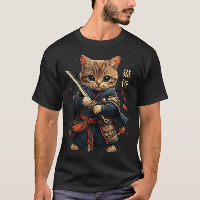 Cat Warrior Japanska Samurai Cat Tattoo Kawaii Nin T Shirt (Framsida)