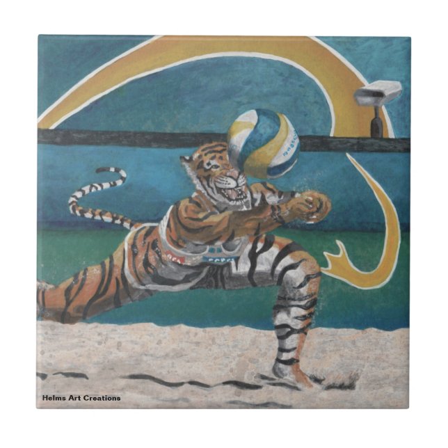 Cat Warrior som spelar Beach Volleyball Ceramic Ti Kakelplatta (Framsidan)