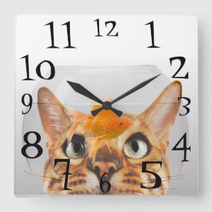 Cat Watching Goldfish in a Fish Bowl Fyrkantig Klocka