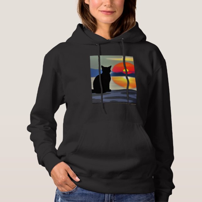 Cat Watching Sunset scene Black Cat Sunset T Shirt (Framsida)
