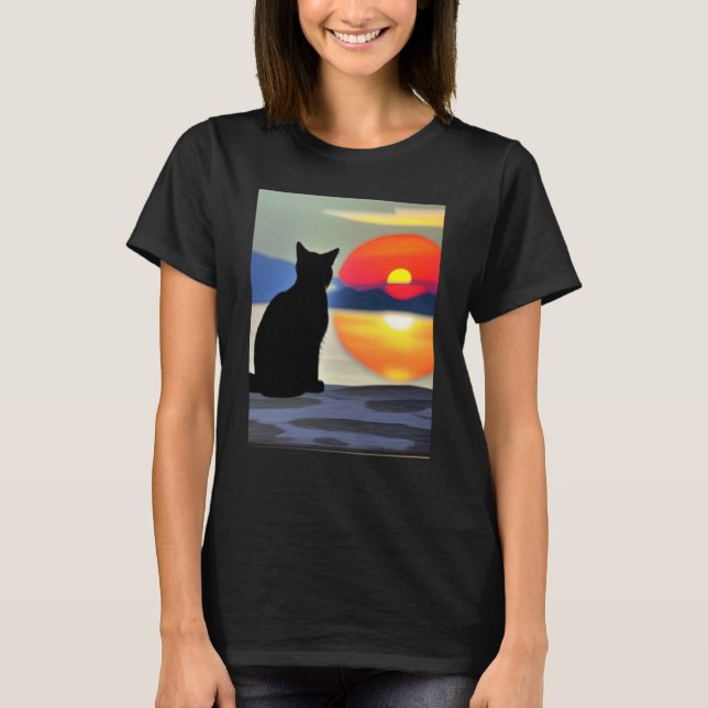 Cat Watching Sunset scene Black Cat Sunset T Shirt (Framsida)