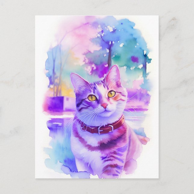 Cat Watercolor Porträtt 1 Helg Vykort (Framsida)