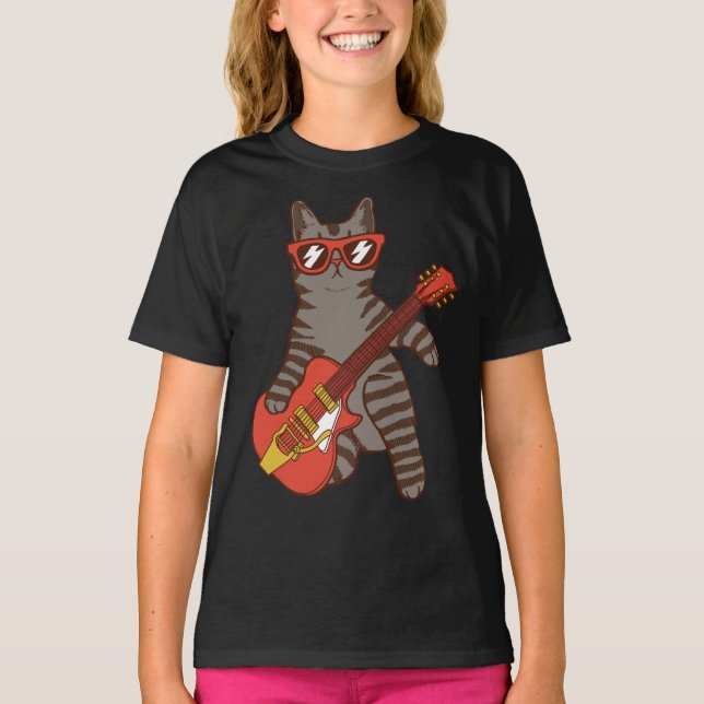 Cat Wear Sunglasses som spelar Guitar Girl T Shirt (Framsida)