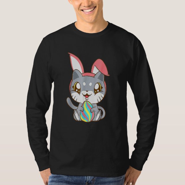 Cat Wearing Bunny Ear Bunny Kattunge Lycklig Easte T Shirt (Framsida)