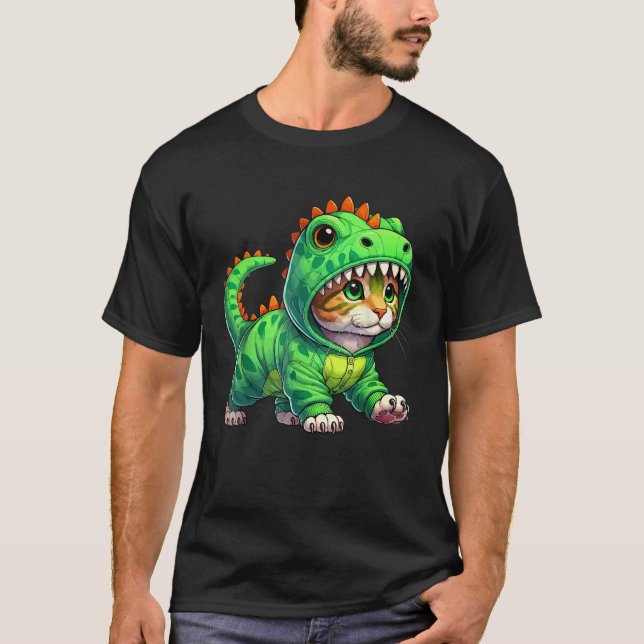 Cat Wearing Dinosaur Costume Halloween Cosplay T R Shirt (Framsida)