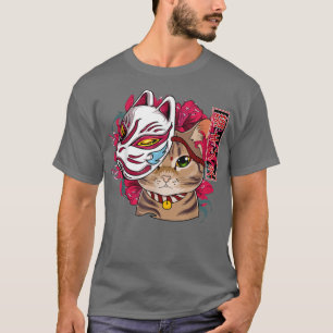 Cat Wearing Kitsune Mask Kawaii Anime Cat Japanska T Shirt