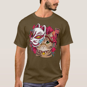 Cat Wearing Kitsune Mask Kawaii Anime Cat Japanska T Shirt
