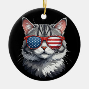 Cat Wearing Sunglasses American Flagga 4:e juli C Julgransprydnad Keramik