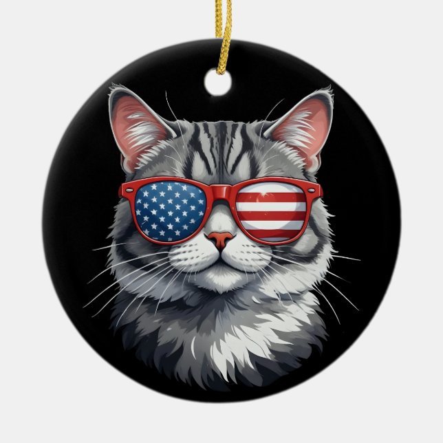 Cat Wearing Sunglasses American Flagga 4:e juli C Julgransprydnad Keramik (Framsidan)
