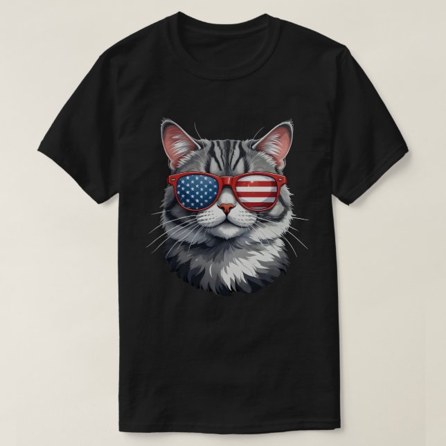 Cat Wearing Sunglasses American Flagga 4:e juli C T Shirt (Design framsida)
