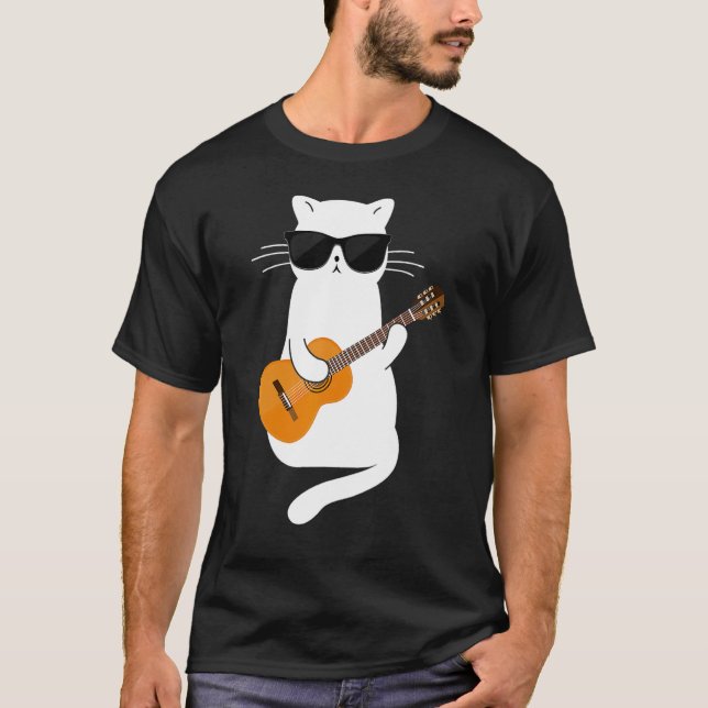Cat wearing sunglasses playing Guitar Guitarist T Shirt (Framsida)