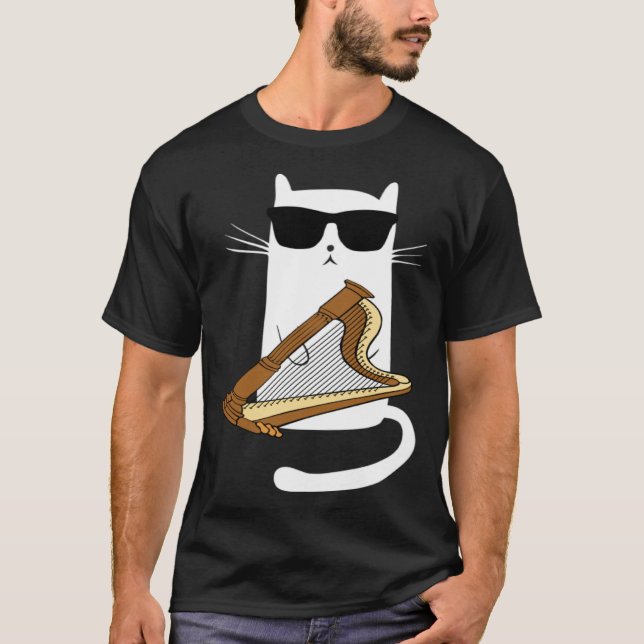 Cat Wearing Sunglasses Playing Harp T Shirt (Framsida)