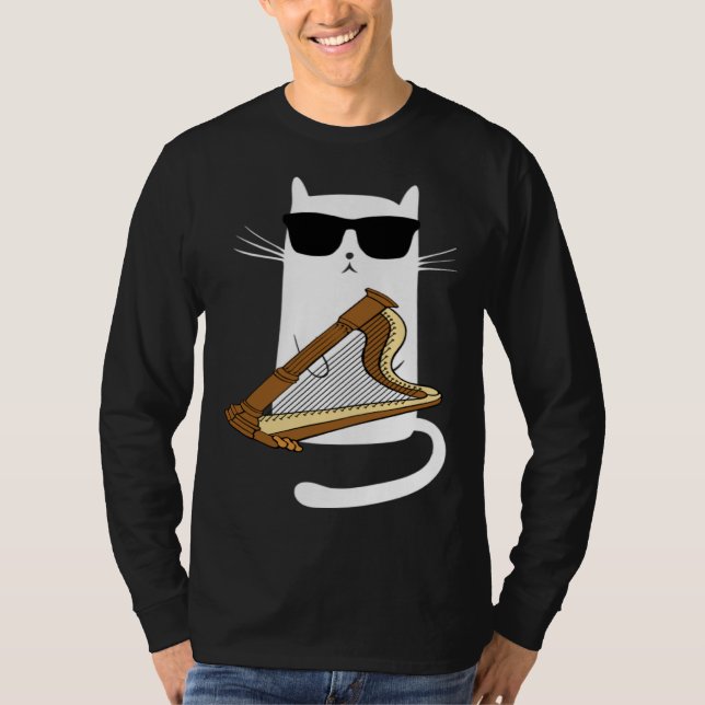 Cat Wearing Sunglasses Playing Harp T Shirt (Framsida)