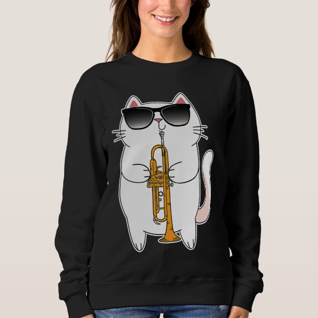 Cat Wearing Sunglasses Playing Trumpet Kitty T Shirt (Framsida)