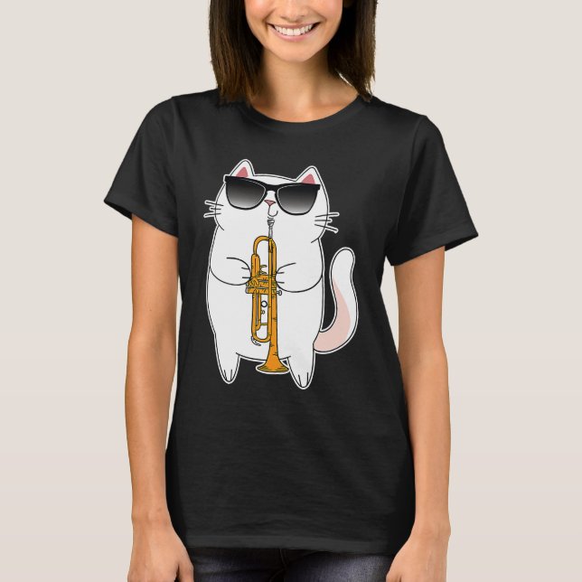 Cat Wearing Sunglasses Playing Trumpet Kitty T Shirt (Framsida)