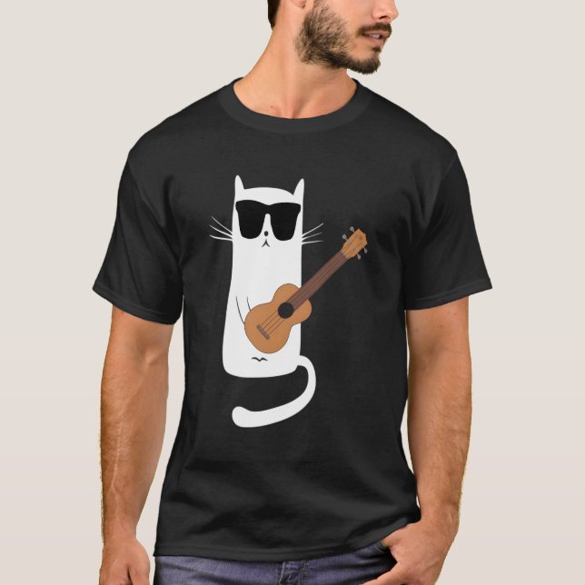 Cat Wearing Sunglasses Spela Ukulele T Shirt (Framsida)