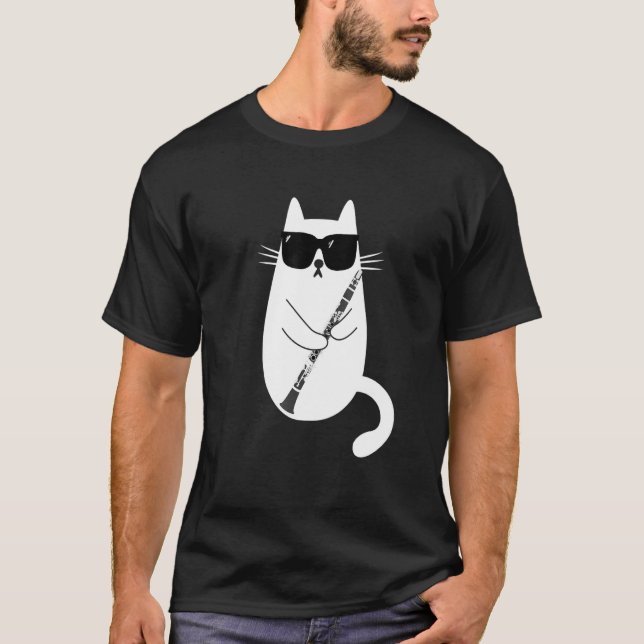 Cat Wearing Sunglasses spelar Clarinet Musician T Shirt (Framsida)