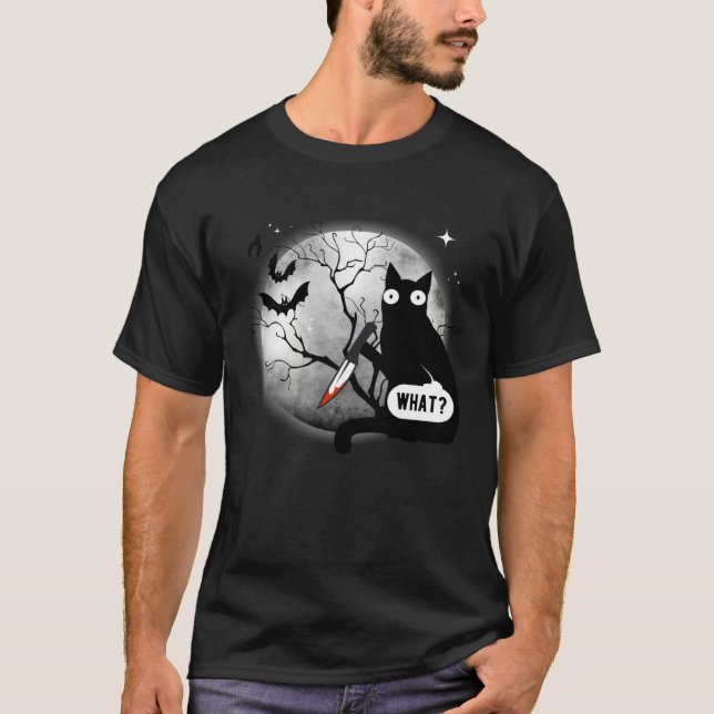 Cat What Assassin Murderous Cat & Knife Halloween T Shirt (Framsida)