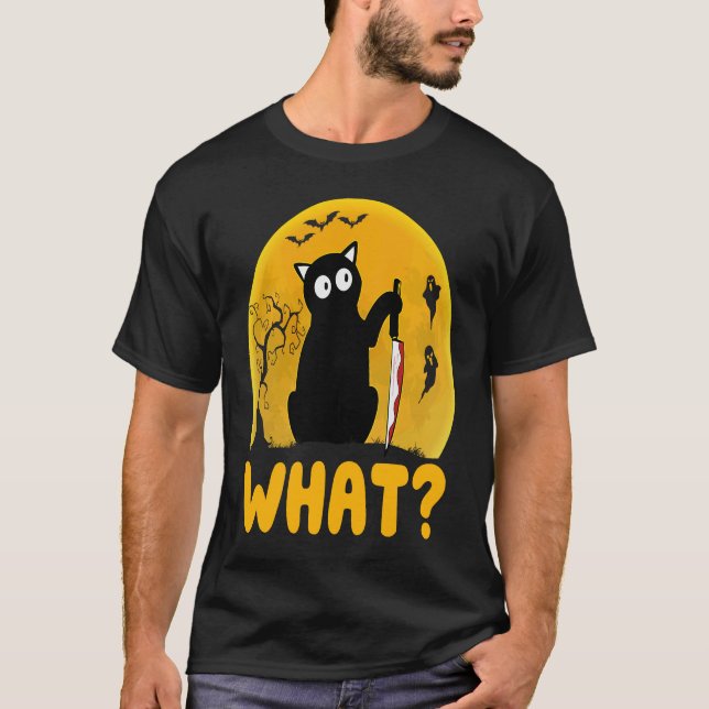 Cat What  Black Cat Murderous Cat With Knife Hallo T Shirt (Framsida)