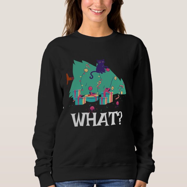 Cat What Black Cat With Christmas Tree T Shirt (Framsida)