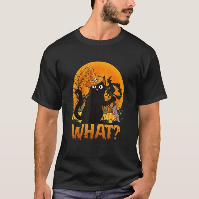 Cat What Black Cat With Knife Halloween Costume T Shirt (Framsida)