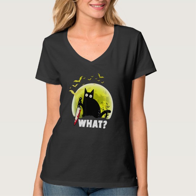 Cat What FUNNY Black Ca, Murderate Cat with Knivar T Shirt (Framsida)