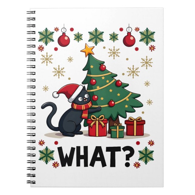 Cat What Funny Black Cat Pushing Christmas Tree Ug Anteckningsbok (Framsidan)