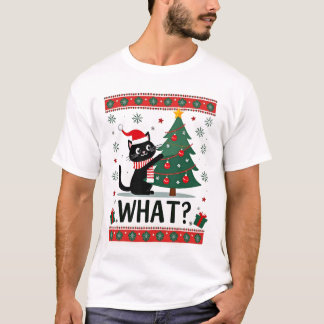 Cat What Funny Black Cat Pushing Christmas Tree Ug T Shirt