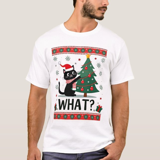 Cat What Funny Black Cat Pushing Christmas Tree Ug T Shirt (Framsida)