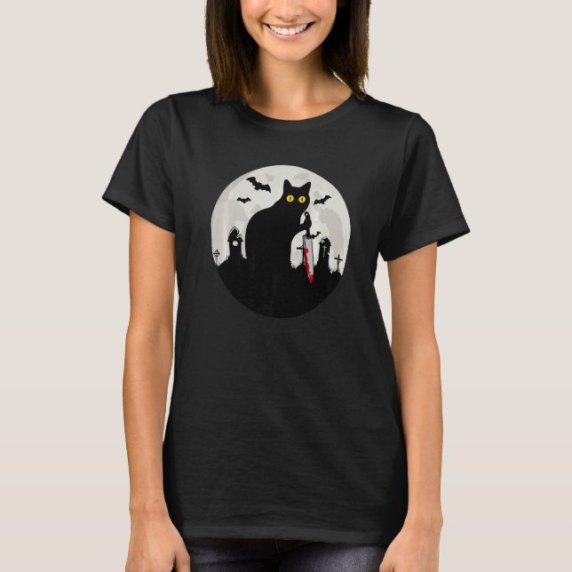 Cat What Halloween Black Cat with Knife   What Cat T Shirt (Framsida)