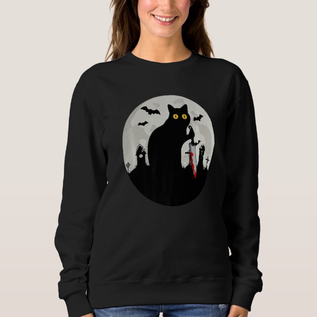 Cat What Halloween Black Cat with Knife   What Cat T Shirt (Framsida)