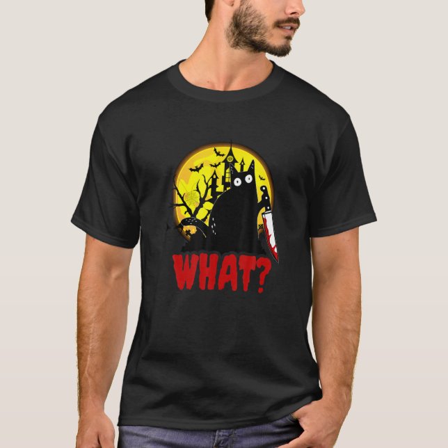 Cat What? Mörkt svart katt med Knivar Halloween T Shirt (Framsida)