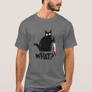 Cat What? Mörkt svart katt med Knivar Halloween T Shirt